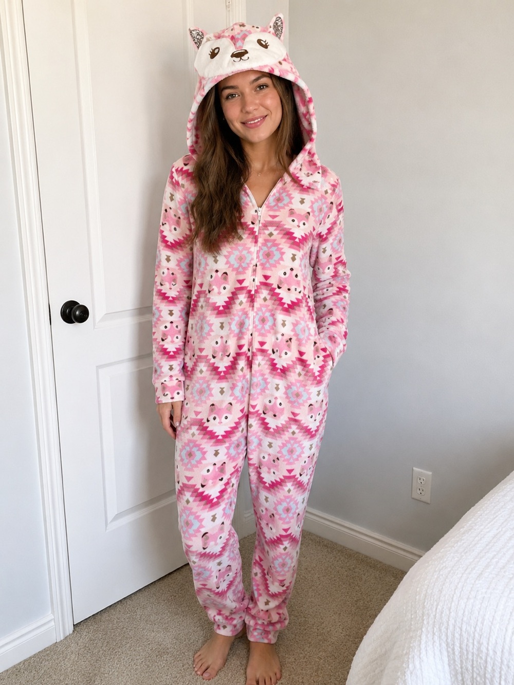 Justice Pink & White Aztec Fox Hooded Kids Pajamas | Size 14
